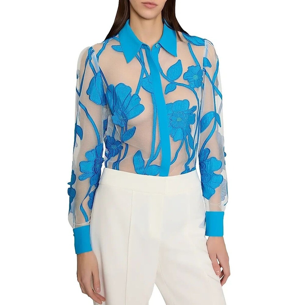 Milly Ashton Grand Fleur Embroidered Sheer Button Top Blue Floral Sz S NWT $395